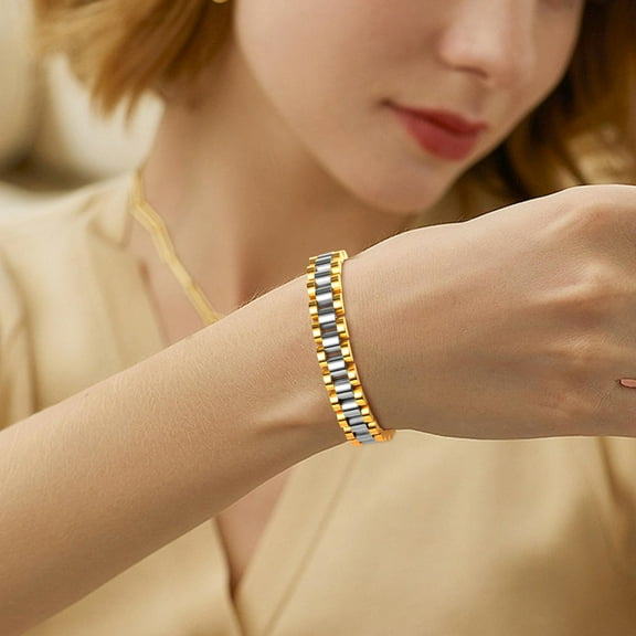 Stainless Steel Watch Band Link Bracelet for Women, 18K Gold Plated Waterproof Straps Chain Bracelets, Chunky Link Bracelet Jewelry Gifts for Her, Silver & Gold