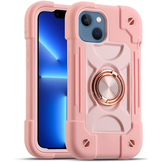 Compatible avec Étui iPhone 14/Étui iPhone 13 6.1 Pouces avec Support Anneau Rotatif 360° Intégré, Protection Complète de Qualité Militaire Robuste Durable. (Rose)