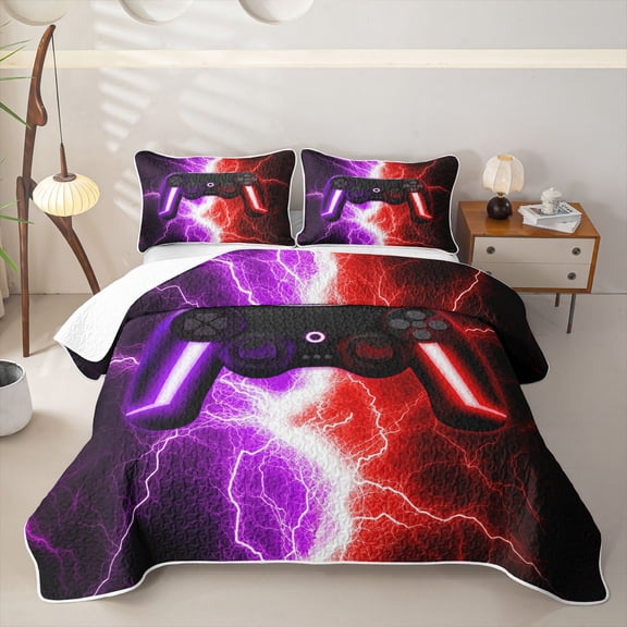 meiyoeat Neon Lightning Gaming Twin Quilt Set for Boys Girls, Electric Gamer Twin Coverlet Set, Purple Red, 2-Piece 1 Bedspread and 1 Pillowcase