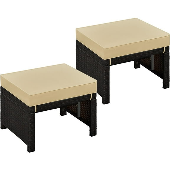 LEIYY Wicker Ottomans, Set of 2 Footrest with Removable Cushion, 2pcs PE Rattan Side Table Additional Seating Multipurpose Outdoor Furniture for Patio, Backyard Brown/Khaki