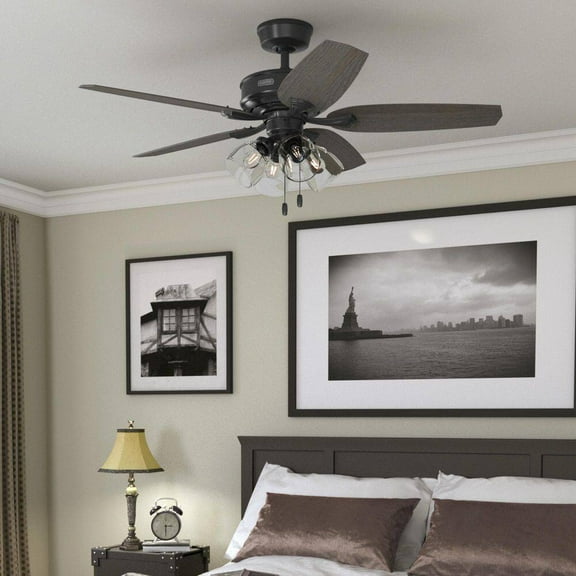 Restored Hunter Fan 52 inch Traditional Matte Black Indoor Ceiling Fan with LED Light Kit and Pull Chain for Bedroom, Living Room/Family Room, Dining Room, Kitchen, Office (Refurbished)