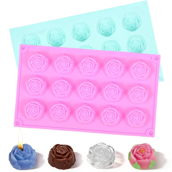  Fkszll 2Pcs Silicone Rose Mold 15 Cavity, Non-Stick Flower Molds Silicone,Reusable Rose Chocolate Mold for Cake Chocolate Candy Cupcakes Pudding Ice Cube Soap Making