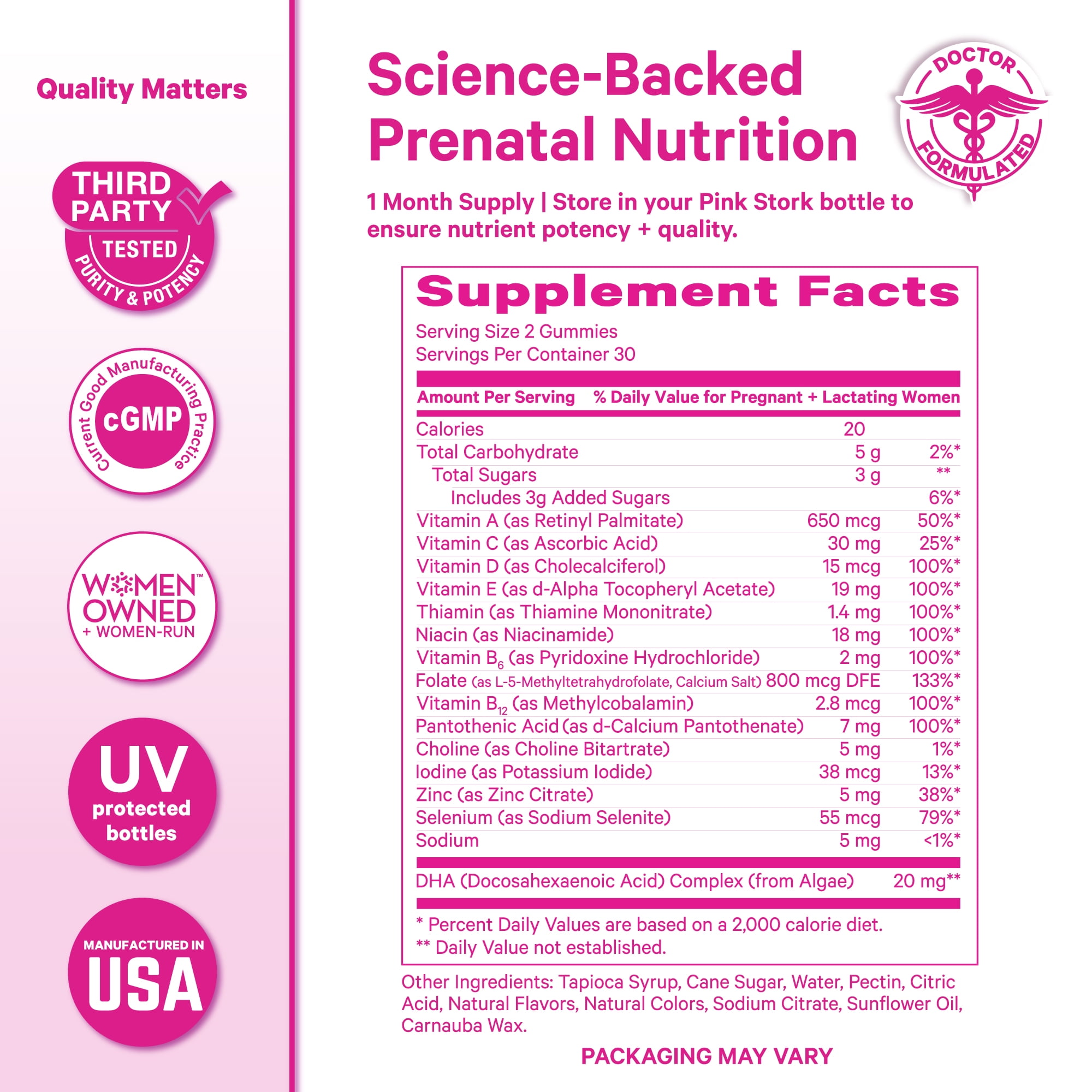 Pink Stork Prenatal Gummy Vitamins with DHA, Folate, and Vitamin D - 60 Vegan Gummies