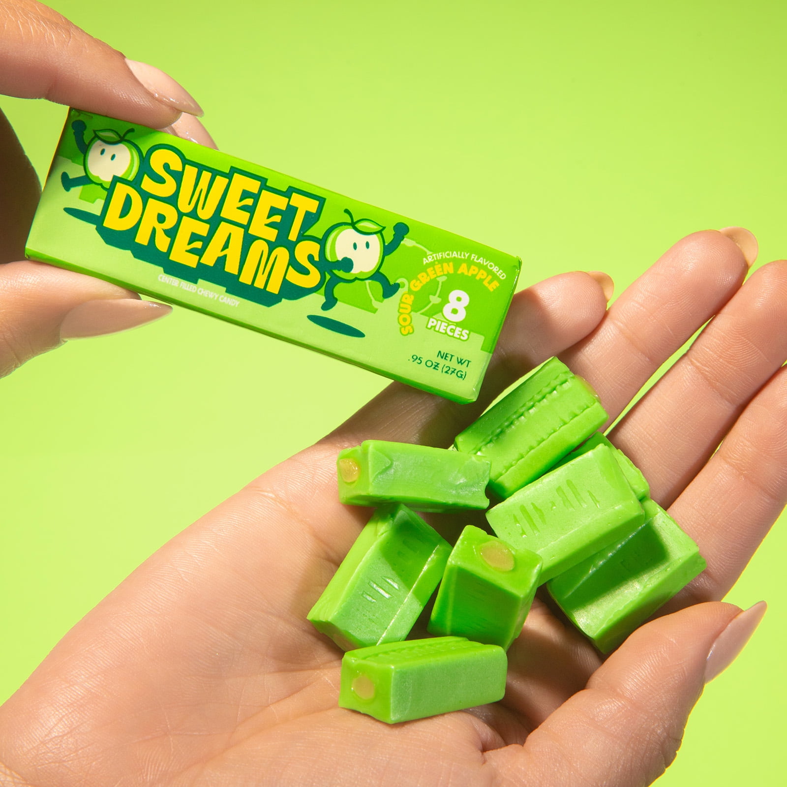 Sweet Dreams Soft Center-Filled Sour Green Apple Candy - 4 Boxes, 80 Sticks, 640 Pieces - Gluten-Free Candy Sticks - Sweet & Tangy Apple Candy for Kids and Adults