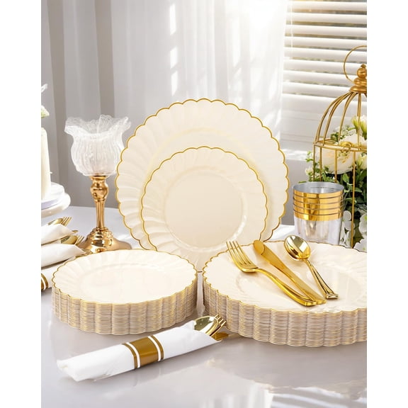350PCS Ivory Scalloped Plastic Plates - Ivory and Gold Disposable Dinnerware Set Include 100 Plates, 150 Gold Silverware, 50 Cups, 50 Napkins for Wedding & Party