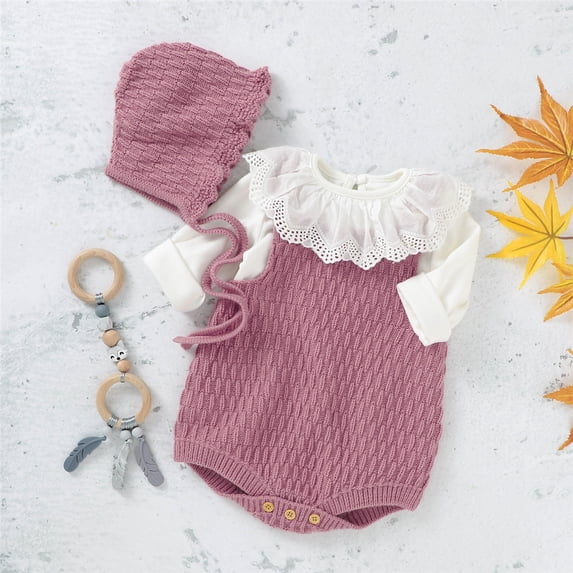 Seyurigaoka Seyurigaoka 2 Pcs Baby Knit Romper Set Sleeveless Triangle Crotch Button One-Piece with Solid Windbreak Hat