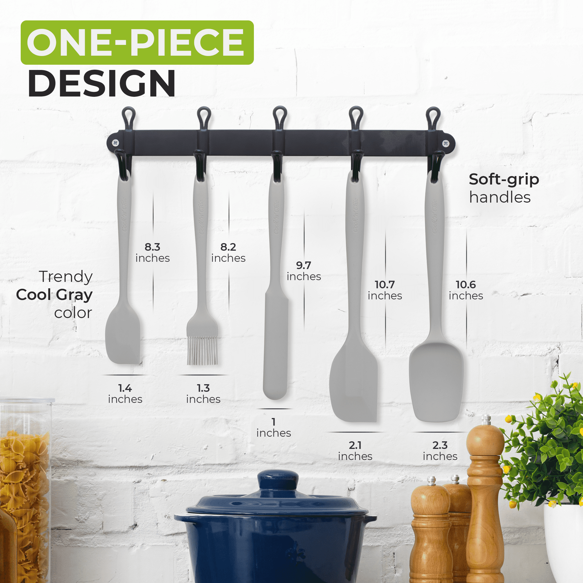 Kitchen Utensils Set | Cooking Set | Platinum Silicone | Durable | Food Safe | Steel Inner Core | Soft Edges | Baking Gift by Cook'n'Chic