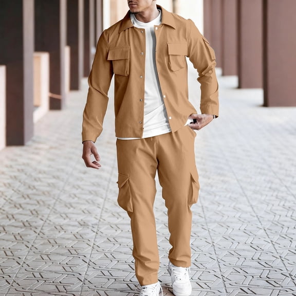 Yusimy Men's Regular Fit Solid Color 2-Piece Cargo Athletic Set Button-Down Collar Long Sleeve Elastic Waist Drawstring Pocket Pants