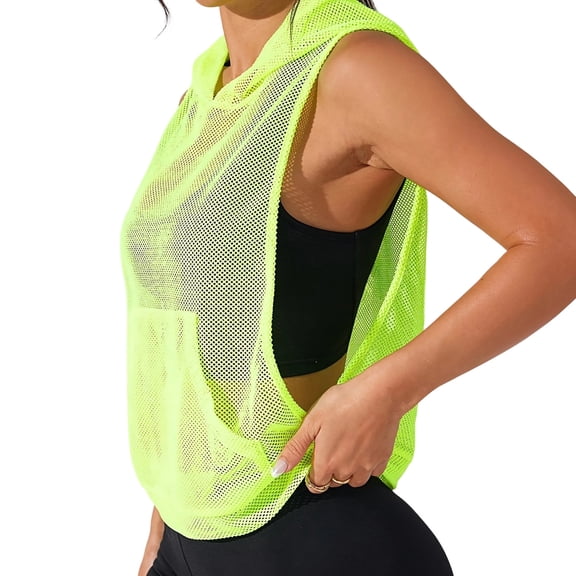 Htigea Women's Workout Tank Tops Mesh Sleeveless Running Athletic Hoodie Summer Hooded Gym Exercise Tees Mint Green S