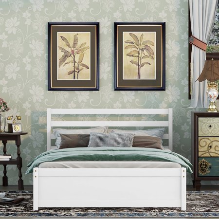 Colisha Platform Bed Wooden Slat Beds Frame Full Size Pine Wood Furniture With Headboard Modern Sturdy White Full