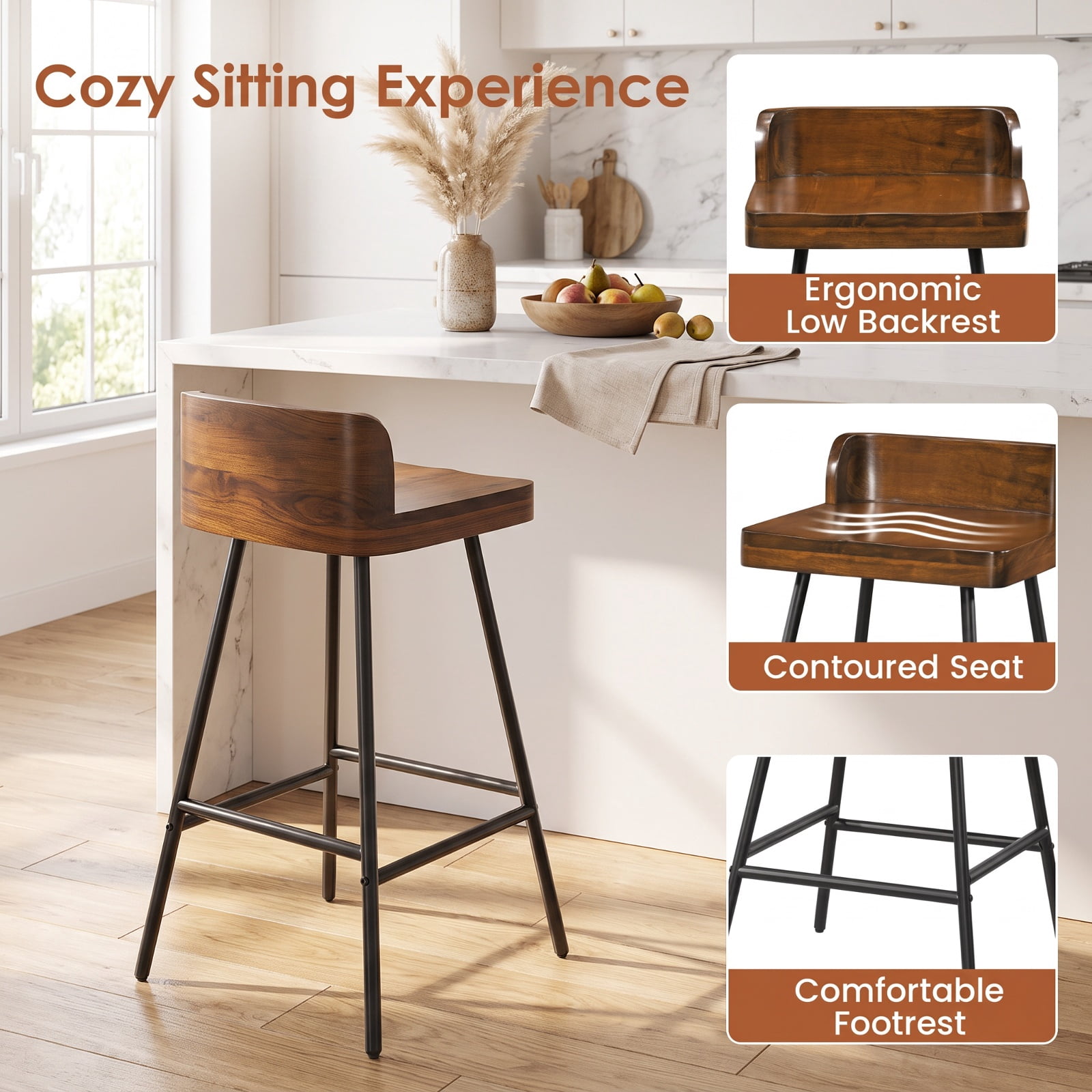 Furnibear Set of 2 Counter Height Bar Stool with Low Back Metal Legs and Footrest for Kitchen Island for Kitchen Island Counter Bar Pub Dining, Brown