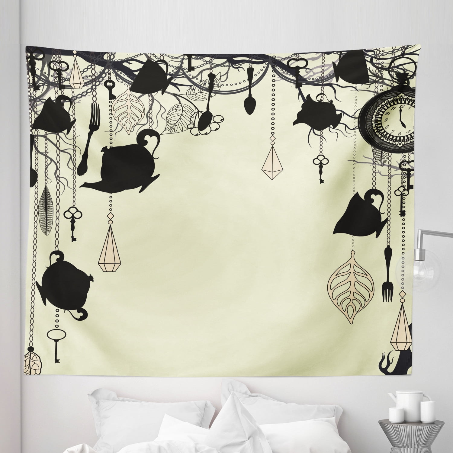 Vintage Tapestry, Vintage Tea Party Diamond Forks Spoons Cups Leaves