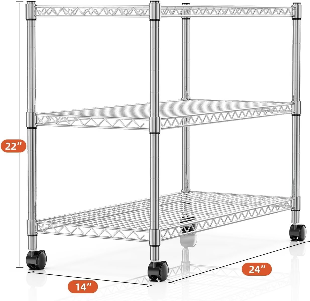 QUIOCOZY Heavy Duty 3-Tier Wire Storage Shelf, 750 lbs Capacity Metal Shelving Unit for Kitchen, Pantry, and Garage, 24" x 14" x 22", Chrome