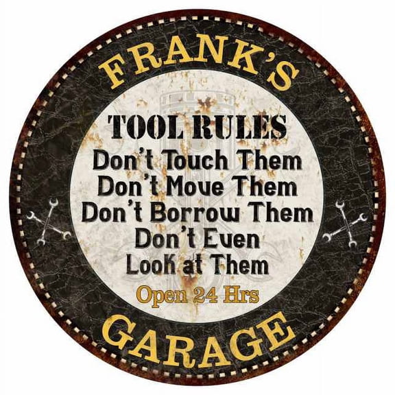 FRANK'S Garage Rules 12" Round Metal Sign Garage Bar Wall Décor 200120013166