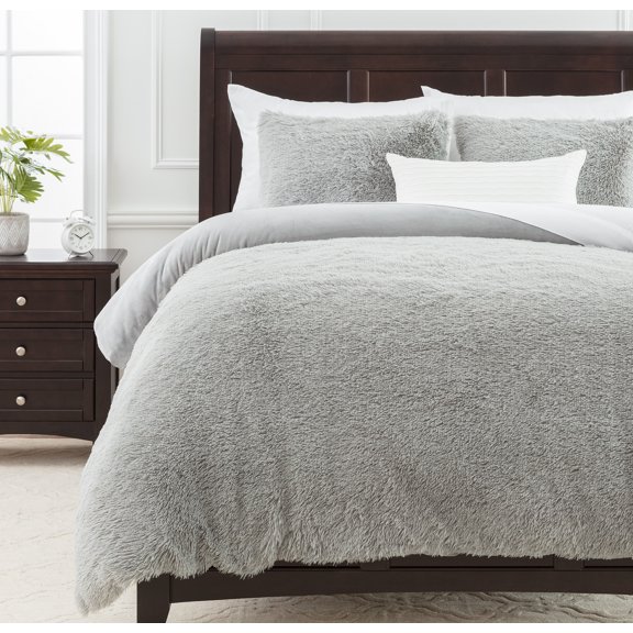 Chanasya Ultra Soft Longfur 3-Piece Bedding Queen Duvet Cover Set - Shaggy Chic Fuzzy Faux Fur Comforter Cover - Zipper Closure Reversible Mink (1 Duvet Cover & 2 Pillowcases ) Gray - Queen