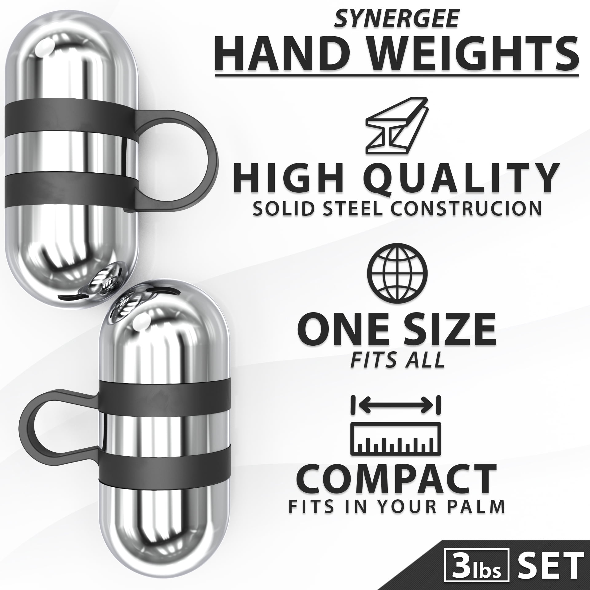 Synergee 3lb Set Cardio Hand Weights. Stainless Steel Hand Weights. Dumbbell Set.