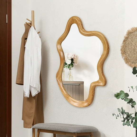 Irregular Shaped Wall Mirror with Natural Wood Frame 33.46" x 22.24" for Bathroom Bedroom Living Room Boho Modern Decor