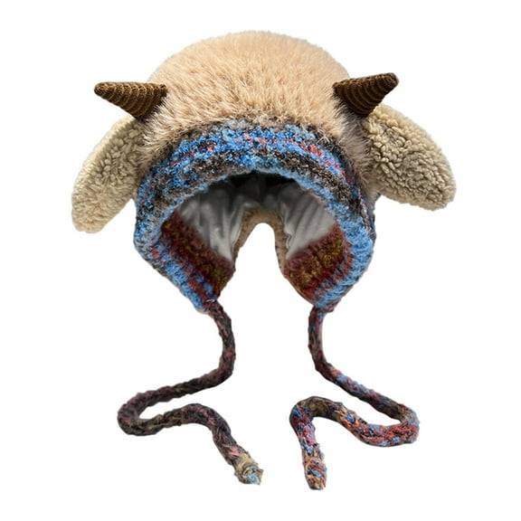 Hats for women Fleece Lined Knitted Beanie Cute Plush Horn Ear Windproof Winter Hat