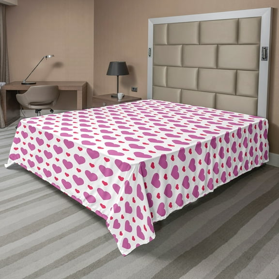Ambesonne Valentine's Day Flat Sheet, Simplistic Hearts, Queen Size, Fuchsia and Dark Pink
