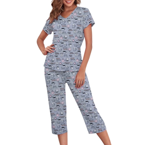 Pajamas for Women Set Cute Prints Sleepwear Tops with Capri Pants Gray Cups Large