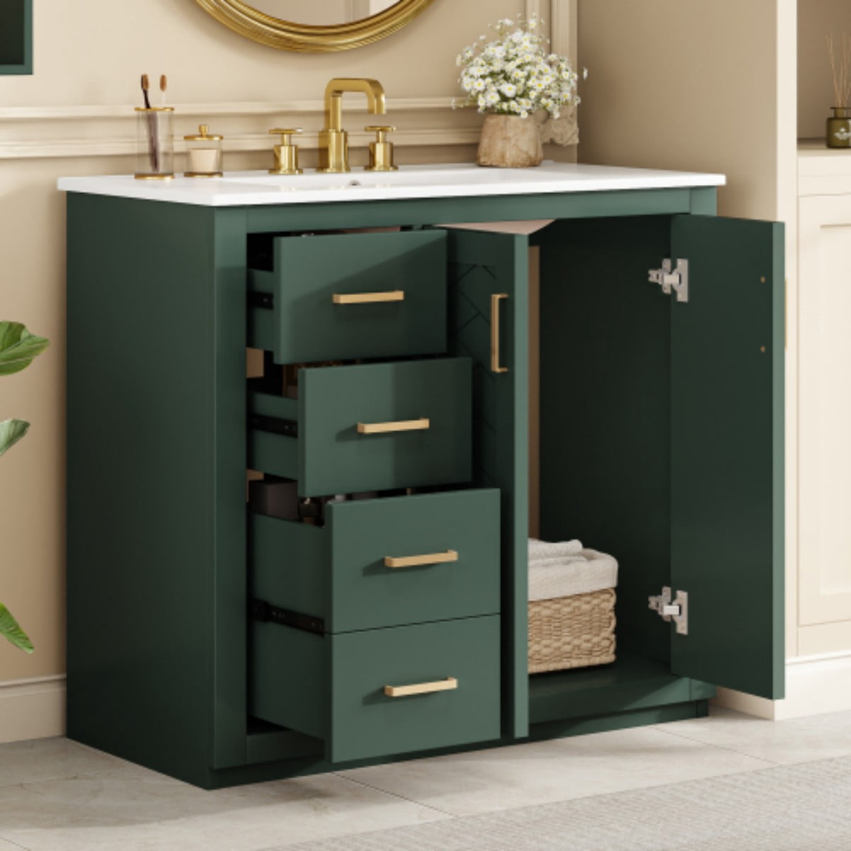 36" Bathroom Vanity with Sink, Freestanding Bathroom Vanity Cabinet with Ceramic Sink, Solid Wood Frame, 3 Drawers & Soft Close Doors, Modern Storage Cabinet, Green