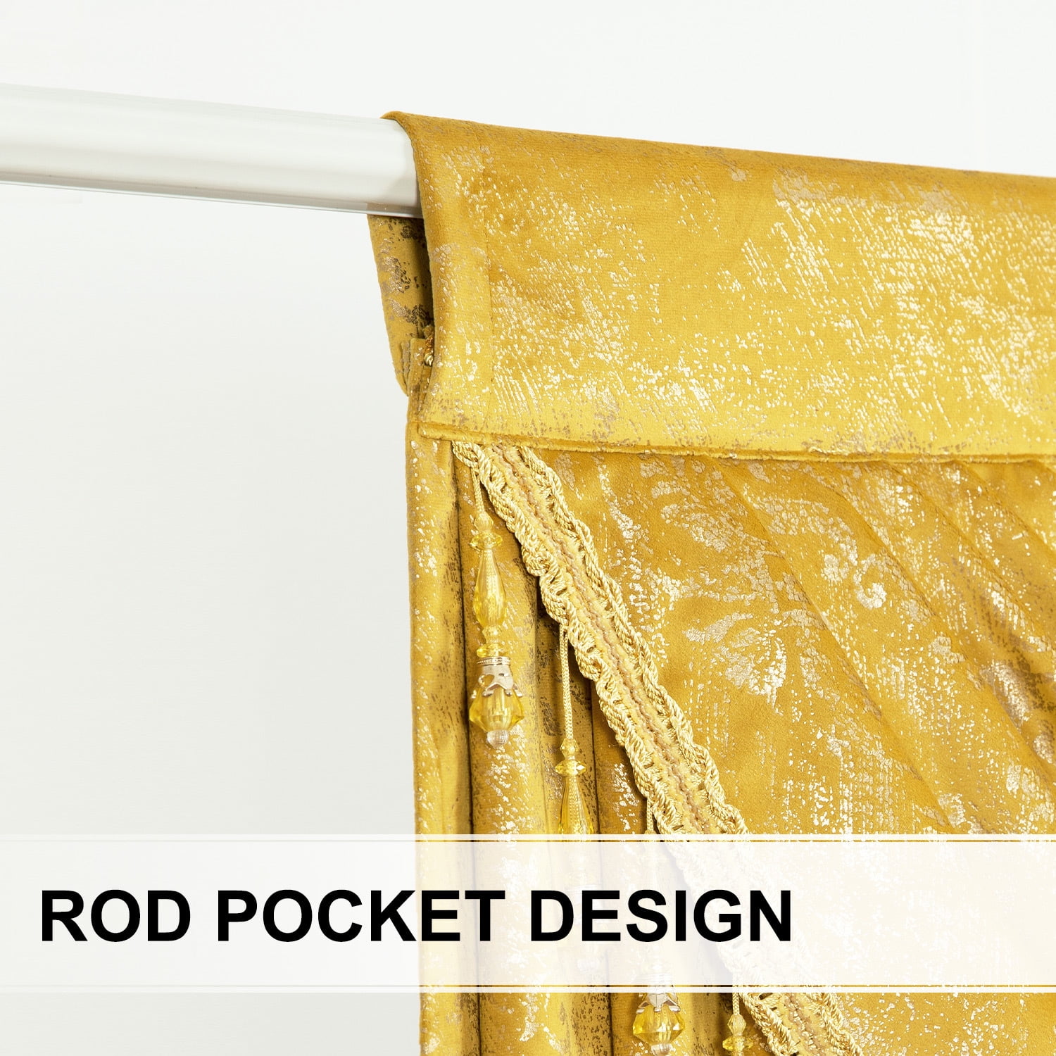 VOGOL Velvet Waterfall Valance for Bedroom, Soft Textured Prin Curtain with Elegant Tassel Design, Rod Pocket, 39x43 Inches, Bright Yellow, 1 Panel