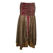 Mogul Womens Beach Dress Brown Strapless Smocked Bodice Silk Sari Two Layer Evening Dresses