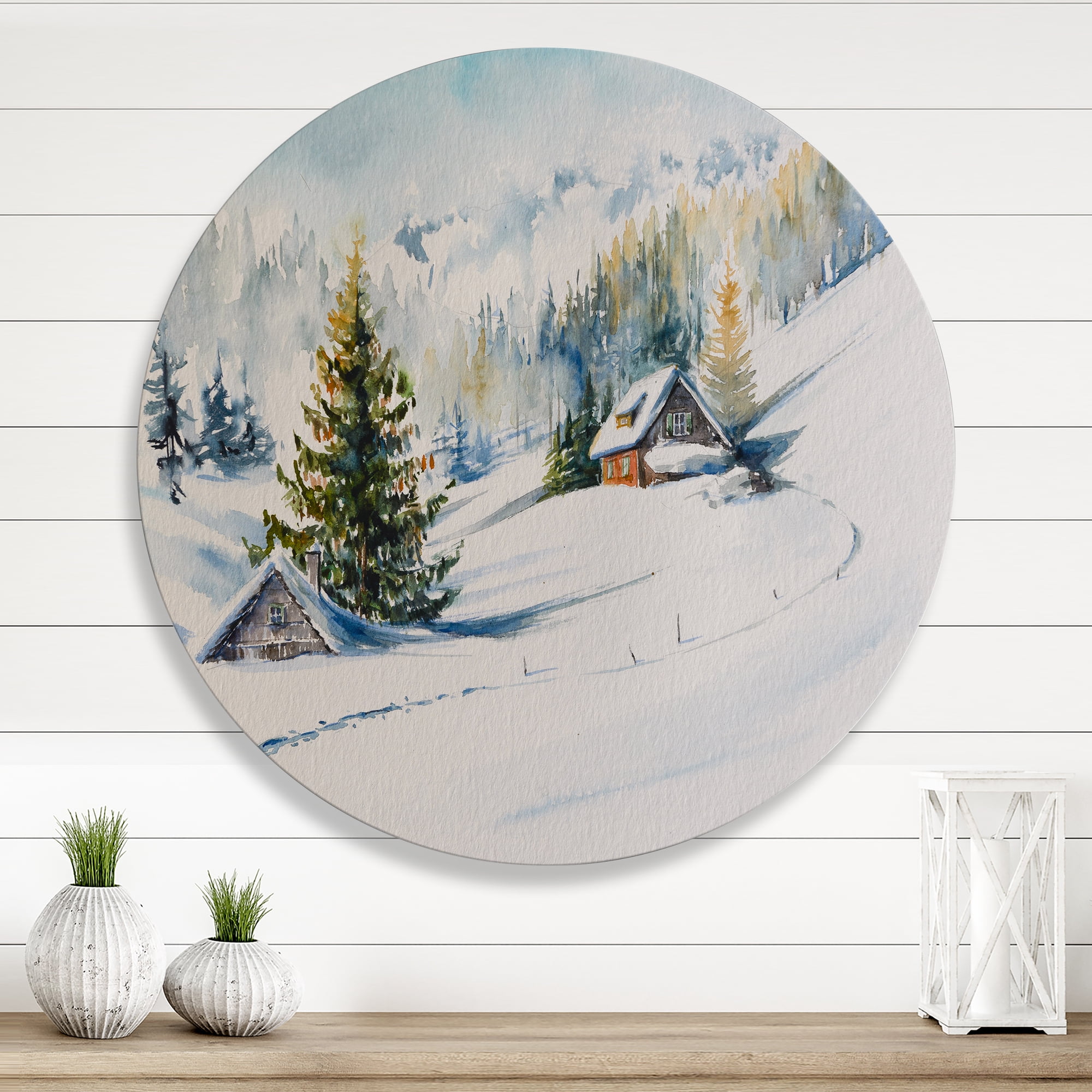 Designart 'The Winter Mountains With Little House' Traditional Circle Metal Wall Art 11x11 - Disc of 11