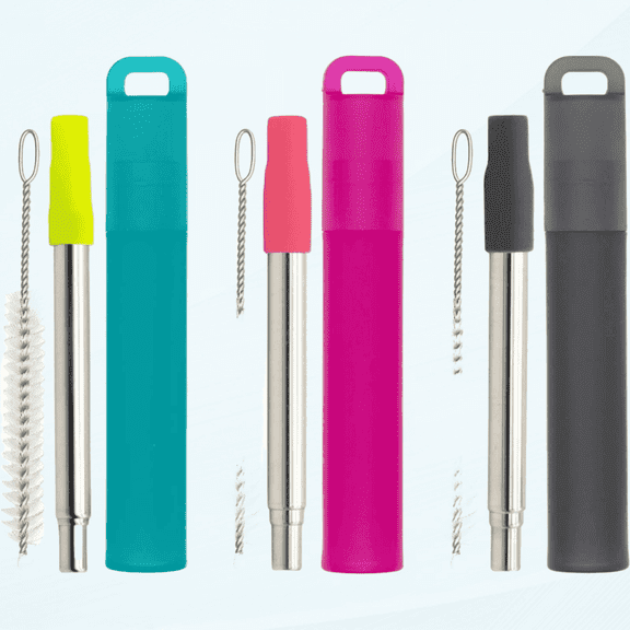 Metal Reusable Straws, 3 Pack Collapsible Portable Stainless Steel Straws, with Plastic Housing Silicone Tips and Cleaning Brush, Retractable Portable Pocket Drinking Straws