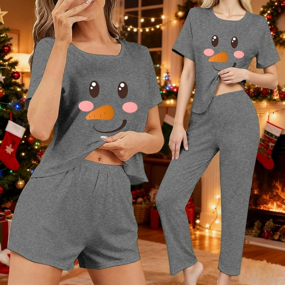 Fznquz Christmas Women Pajama Sets Winter Soft Pjs Casual 3 Piece Tops Shorts Pants Short Sleeve Matching Lounge Sets Women