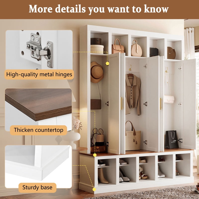 Farmhouse Hall Tree with 5 Doors and Top Storage Compartments, Entryway Coat Rack with Hooks, Mudroom Bench with Shoe Cubbies for Hallway Living Room