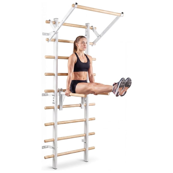 Shininglove Swedish Ladder Wall Gym with Pull Up Bar and Dip Bars, 10 Solid Beech Rungs, 440 lbs Wall-Mounted Stall Bars for Adults and Kids