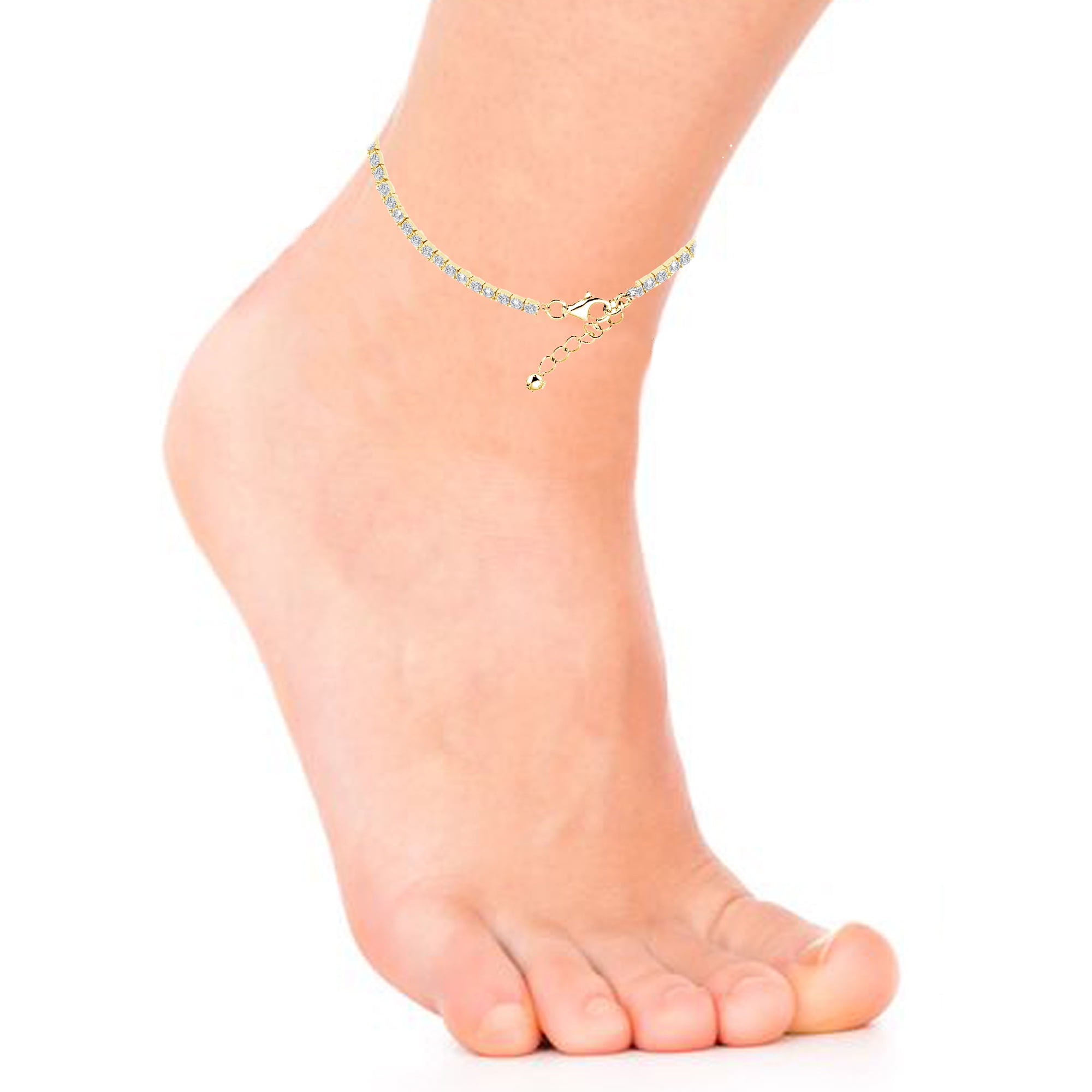 Ritastephens Sterling Silver Gold Plated Cubic Zirconia Tennis Anklet Adjustable 9-10 Inches for Female Adults and Teens