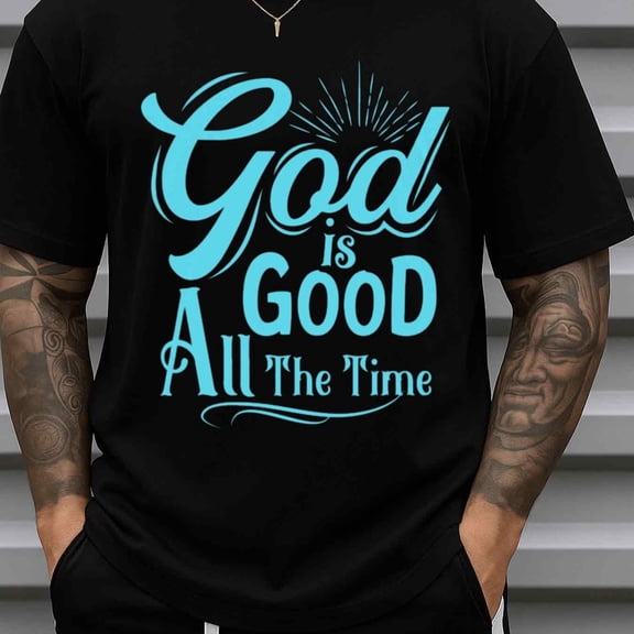 Greenink 180gsm T-Shirt for Men Casual Loose Fit Short Sleeve Round Neck Print Gift - Men's God Is Good All The Time T Comfortable