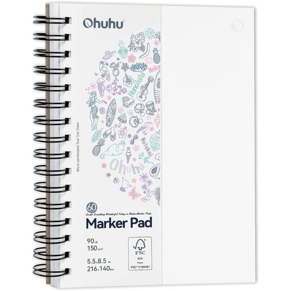 Ohuhu Double-Sided Marker Pads, Bleedproof 5.5"x8.5" 90 lb/150 GSM Smooth Drawing Paper, 60 Sheets/120 Pages, Spiral Bound for Alcohol Markers & Paints