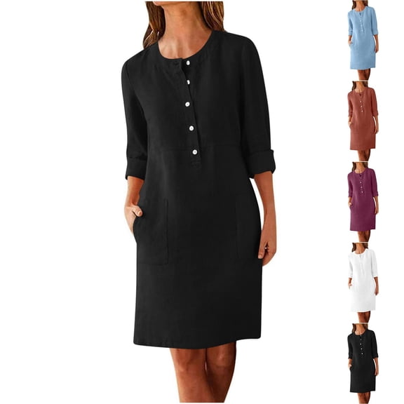 Summer Dresses for Women 2026 Plus Size Crewneck Loose Half Sleeve Solid Knee-Length Wedding Guest Dress