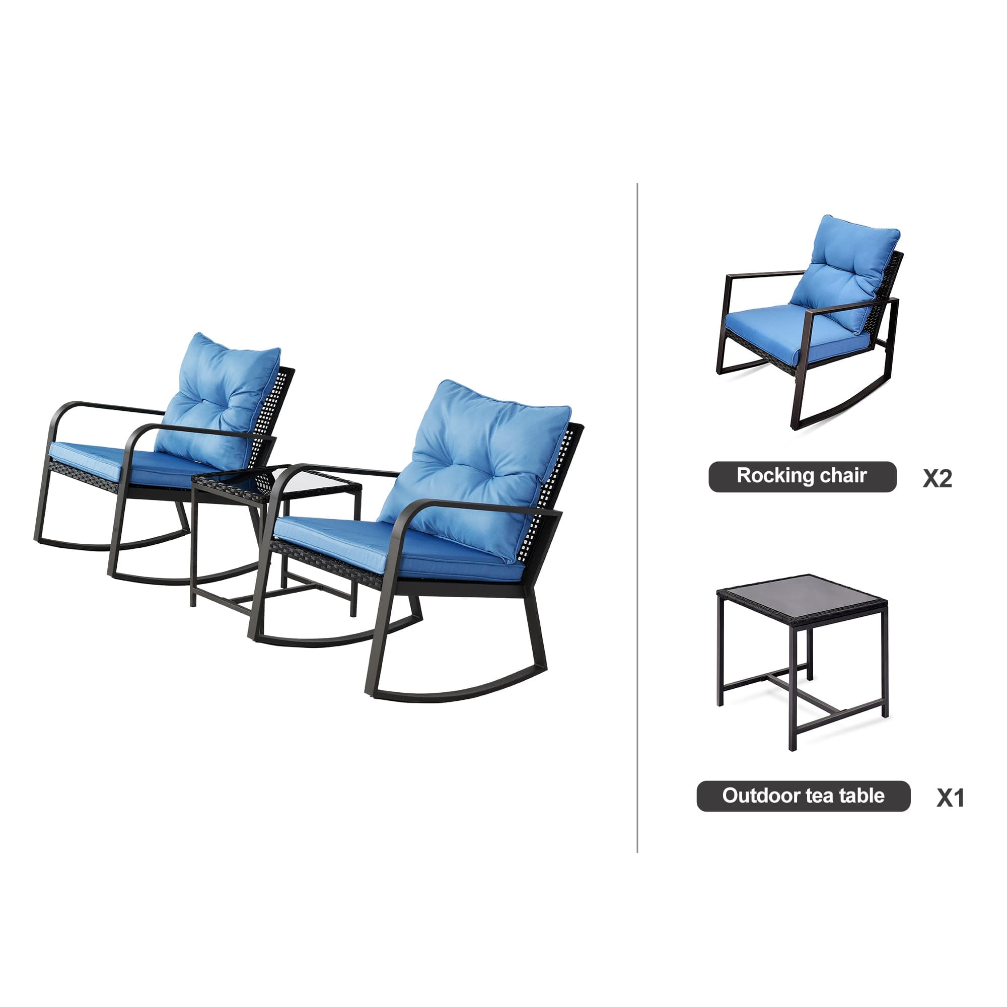 3 Piece Patio Furniture Set, Outdoor Wicker Chairs Set of 2, Bistro Set with Thickened Cushions for Porch Backyard Poolside, Blue