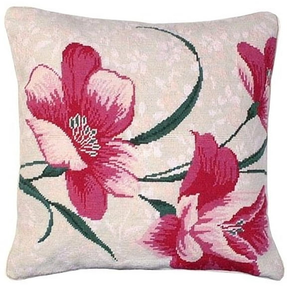Throw Pillow Needlepoint 18x18 Beige Hot Pink Brown/Beige/Tan Cotton Velv MH-122