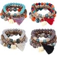 Bohemian Stackable Wood Wooden Beads Elephant Charm Tassel Stretchy