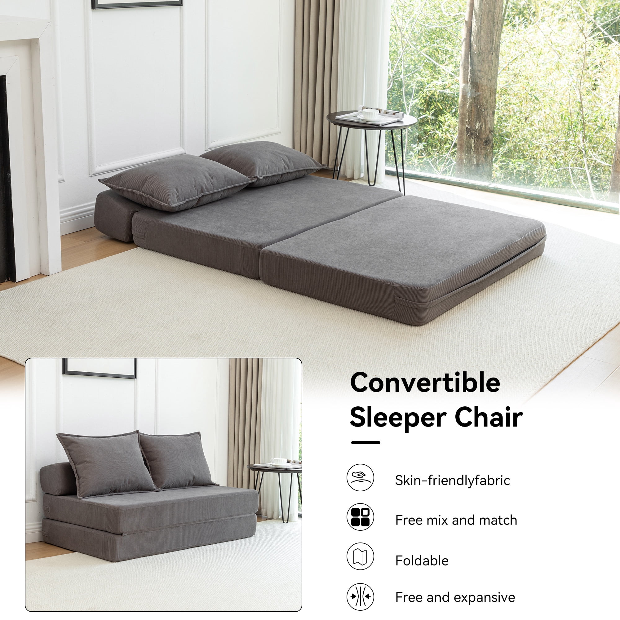 Aukfa Twin Folding Sofa Bed Sleeper Chair with Pillows, Corduroy Convertible Floor Couch Mattress for Living Room, Dorm, Guest Room, Gray