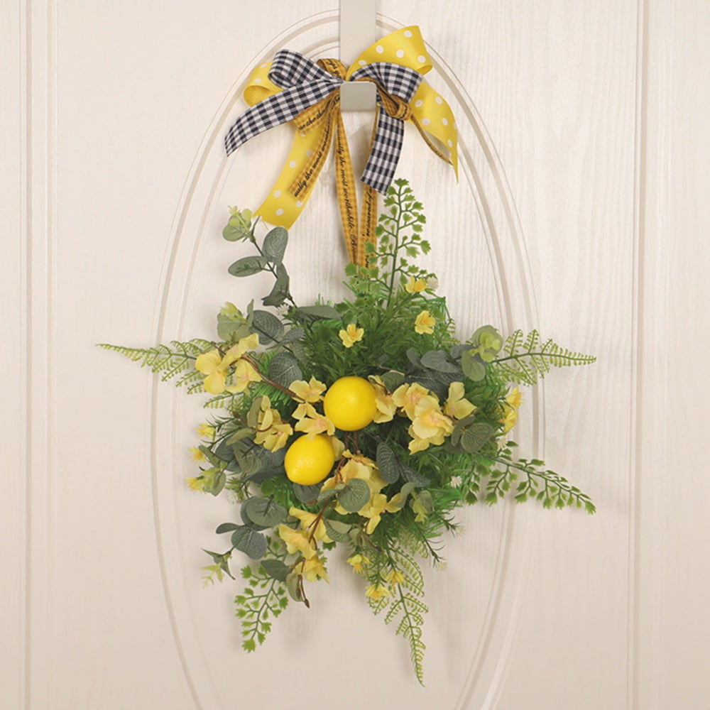 Artificial Lemon Wreath for Front Door,Spring Fruit Wreath with Green Leaves, Summer Wreath for Home Party Indoor Outdoor Window Wall Wedding Decoration