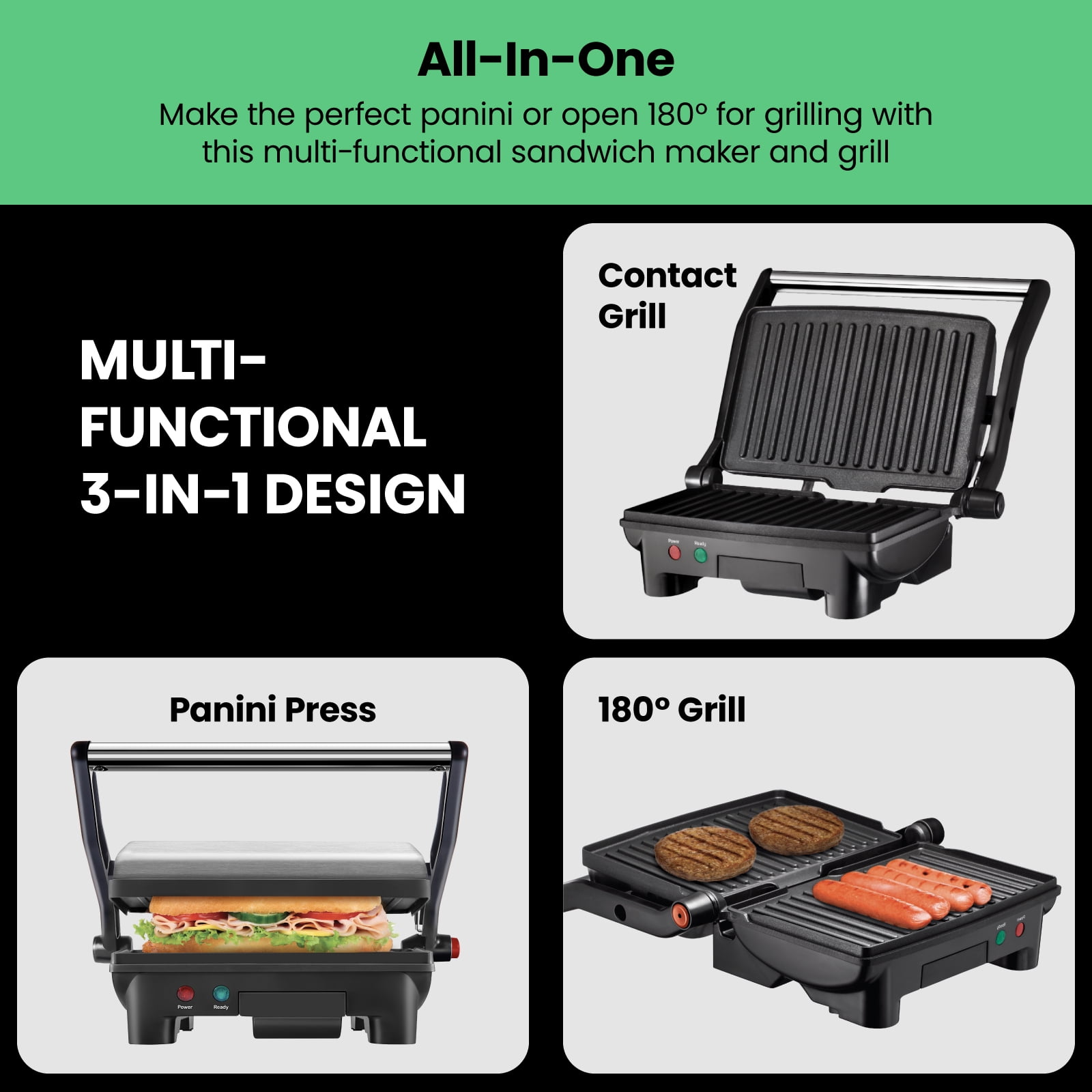 Chefman 3-in-1 Panini Press & Grill, 2-Slice Non-Stick, Opens Flat - Stainless Steel