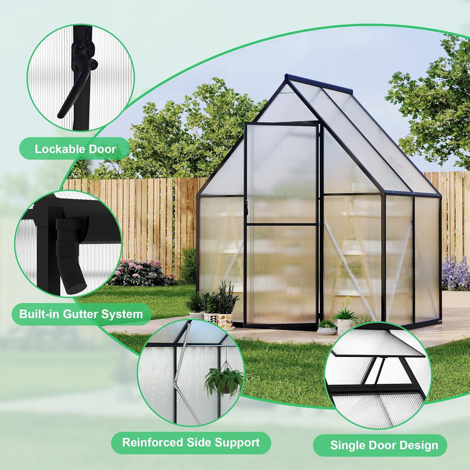 6' x 4'Aluminum Framed Polycarbonate Greenhouse,Heavy Duty Walk-in Garden Greenhouse with Roof Vent,Quick Setup