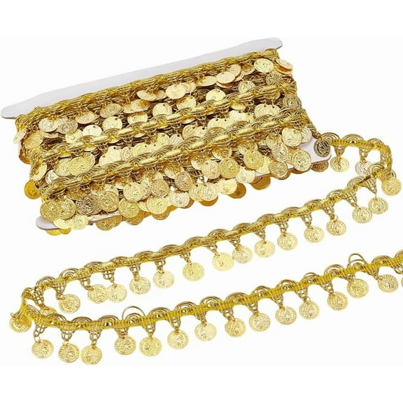10 Yards Gold Coin Shape Sequin Tassel Trim 1.42 Inch Width Sequins Fringe Lace Trim Belly Dance Tassel Trim Hip Scarf