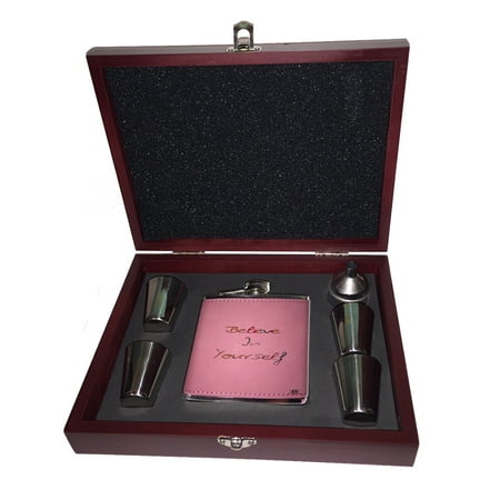 

KuzmarK Pink Leather Flask Set in Rose Wood Gift Box - Believe In Yourself