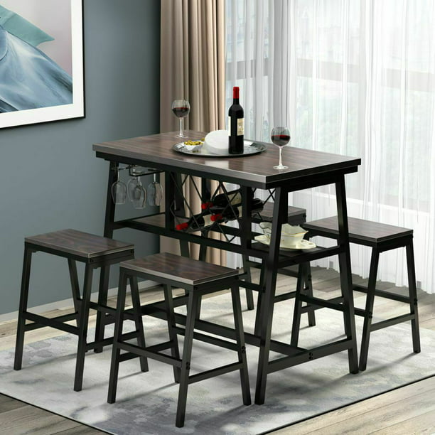 Kitchen Bar Dining Room Dark Brown, Counter Height Dining Table With Wine Storage