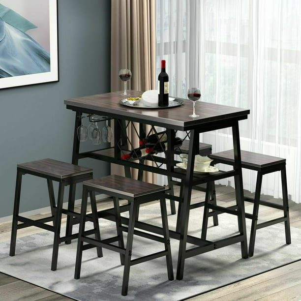 5 Piece Counter Height Table Set With Wine Rack And Glass Holder Industrial Bar Dining For Home Kitchen Room Dark Brown Com Kitchen Bar Dining Room Dark Brown, Counter Height Dining Table With Wine Storage