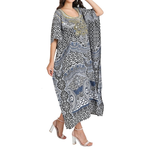 Miss Lavish London Elegant Black Kaftan Dresses for Women - Versatile Beach Coverups, Plus Size African Dubai & Moroccan Kaftans - Ideal for Loungewear & Swimwear Modern Caftans Long Dresses, Large