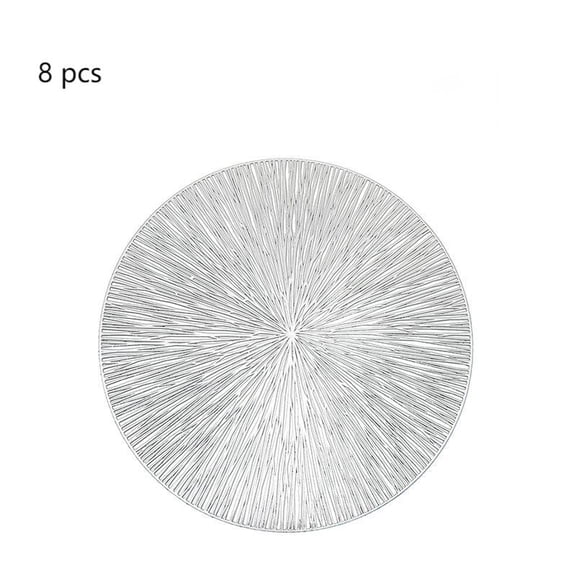Sinkoo Placemats Set of 8, 15" Silver Hollow Round Placemats Metallic Table Mats, Waterproof Non-Slip Easy Clean Place Mats for Home Dining Wedding Party Decor
