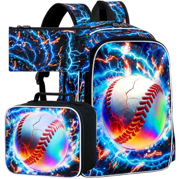 Boys Bookbag, 17" Baseball Preschool Backpack Set with Lunch Box, Kids Water-Resistant School Bag for Elementary - Baseball Spin Lightning